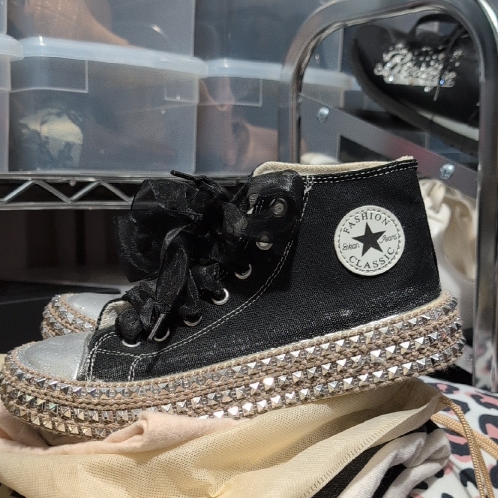 Black and Silver High-Top Sneakers with Crystal Embellishments